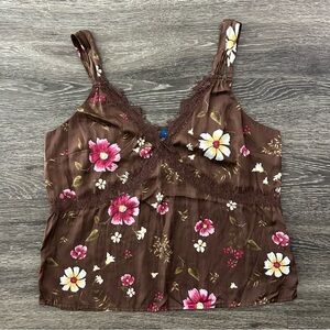 Y2K Old Navy Brown Satin Floral Lace Trim Babydoll Tank Top Size M Coconut Girl